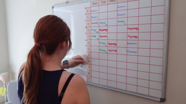 Homework planner on a whiteboard for students studying at The Study Buddy website.