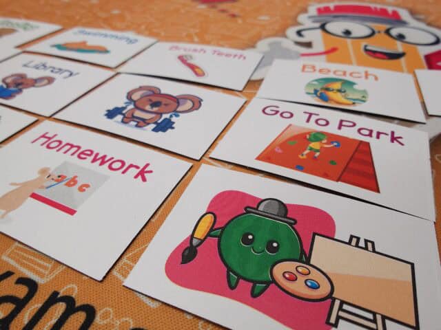 Flashcards with colourful illustrations and text for children's learning activities, focusing on spacing, friendly characters, and engaging educational content for the Study Buddy website.