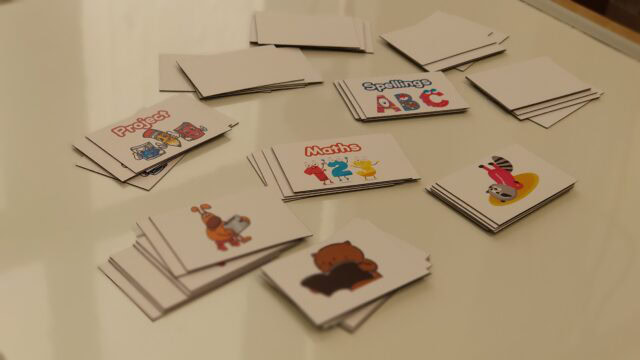 Brightly coloured flashcards for children showing words like "Project," "Maths," and "Spelling" with fun illustrations, designed to support effective learning on The Study Buddy educational website.