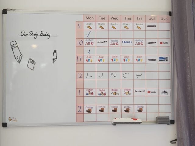 Whiteboard displaying a personalised study timetable for "The Study Buddy" website, with subject affirmations, icons, and interactive study structure, promoting organised learning and educational support.
