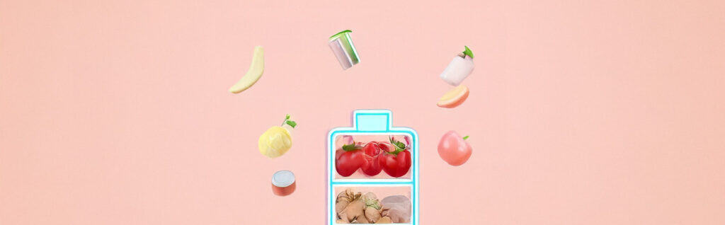 Nuts, fresh produce, supplements, and a glowing bottle on a pink background representing healthy eating options from The Study Buddy platform.