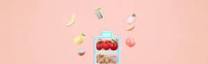 Nuts, fresh produce, supplements, and a glowing bottle on a pink background representing healthy eating options from The Study Buddy platform.