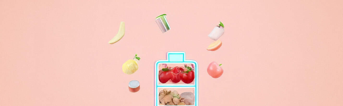 Nuts, fresh produce, supplements, and a glowing bottle on a pink background representing healthy eating options from The Study Buddy platform.