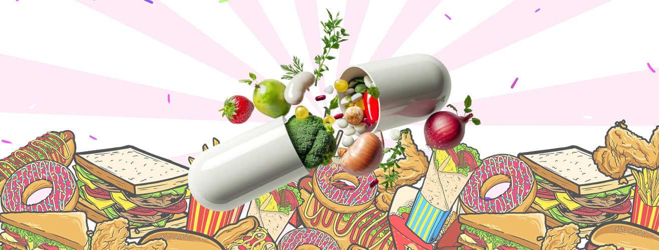 Vitamins and supplements spilling from a capsule over a background of fast food items, promoting healthy study habits with The Study Buddy website.