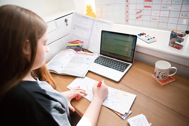 A girl studying at her desk using The Study Buddy online platform on her laptop, surrounded by textbooks and notes, demonstrating effective remote learning; website interface visible.