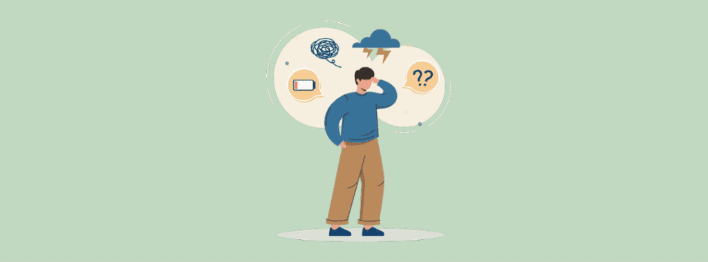 Confused student struggling with study questions, surrounded by thought bubbles with a battery icon, cloud, and question mark, representing learning challenges and seeking help.