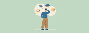 Confused student struggling with study questions, surrounded by thought bubbles with a battery icon, cloud, and question mark, representing learning challenges and seeking help.