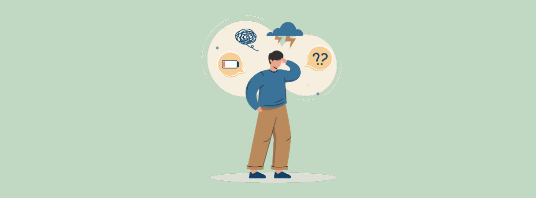 Confused student struggling with study questions, surrounded by thought bubbles with a battery icon, cloud, and question mark, representing learning challenges and seeking help.