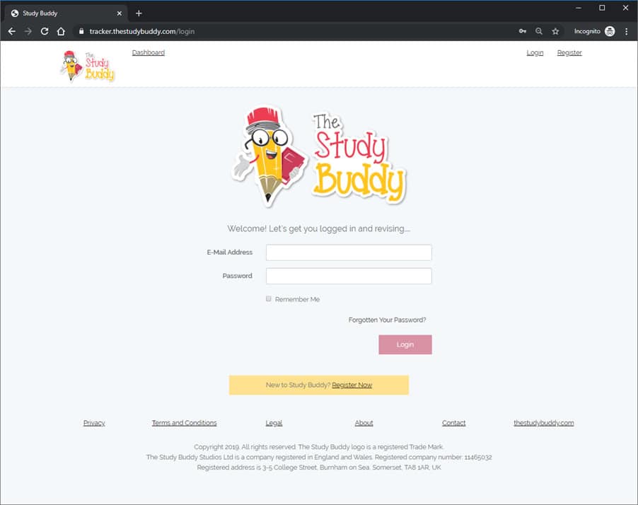 Login page of The Study Buddy online revision platform, showcasing a user login form with branding elements; designed for students to access their personal study dashboard.