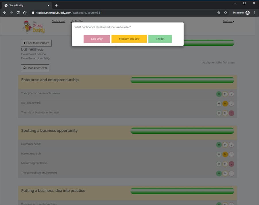 Confidentiality level survey pop-up on The Study Buddy online learning platform.