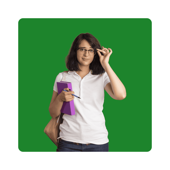 Student studying with a notebook and pen, adjusting glasses, representing The Study Buddy website for academic support and study resources.