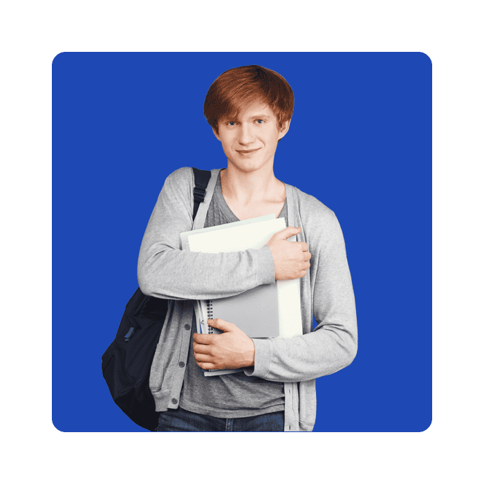 Collaborative student with backpack and books on blue background for The Study Buddy website.