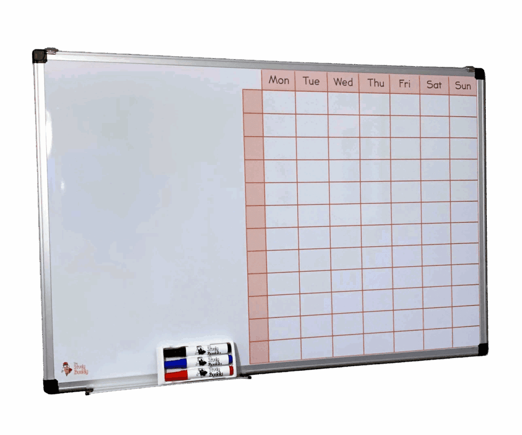 Whiteboard with weekly and daily planning layout, study schedule organisation, visible Study Buddy branding, ideal for student organisation and lesson planning, featured on The Study Buddy website.