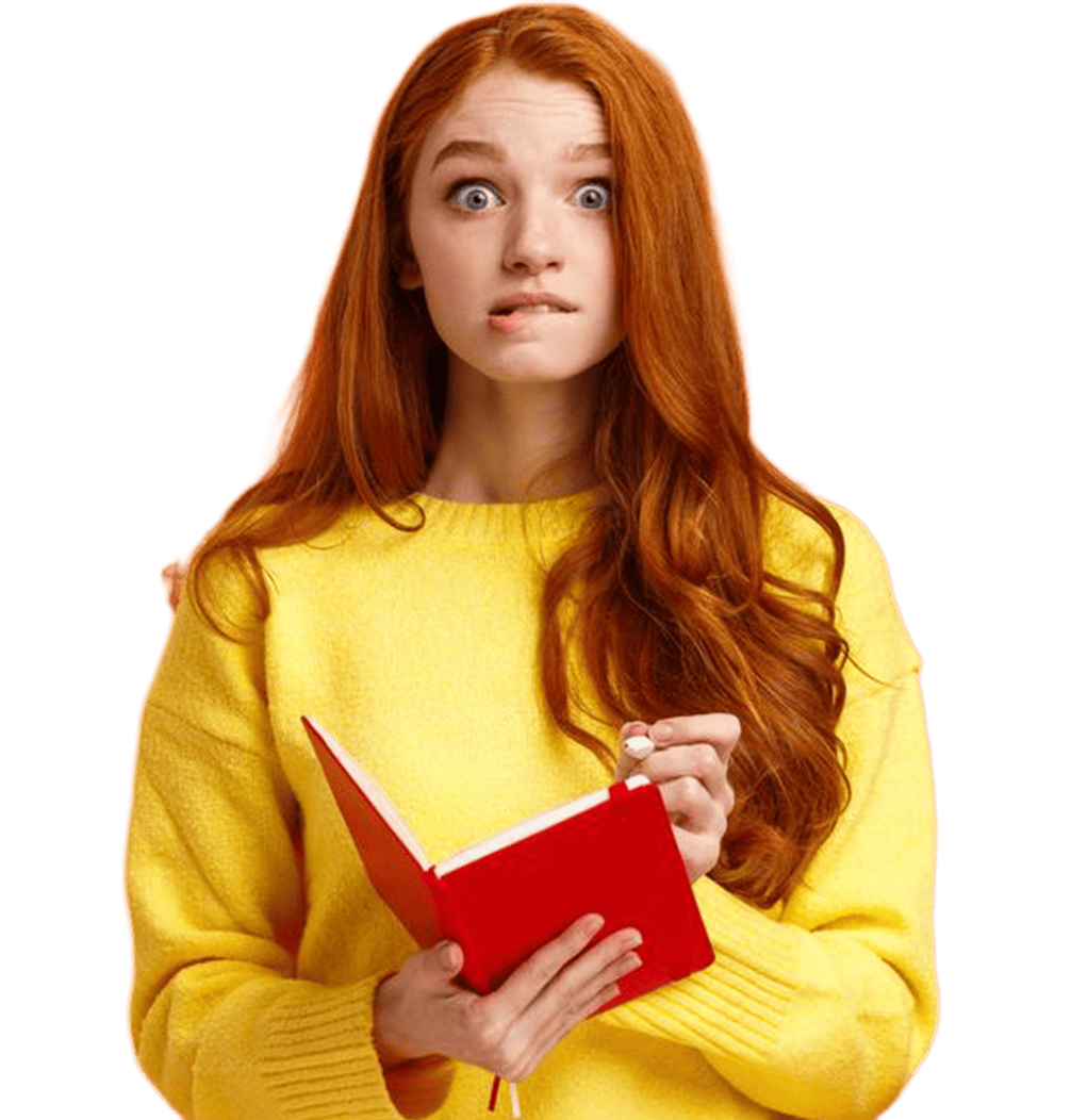 Red-haired woman studying with a red notebook, promoting The Study Buddy website for academic support and personalised learning solutions.