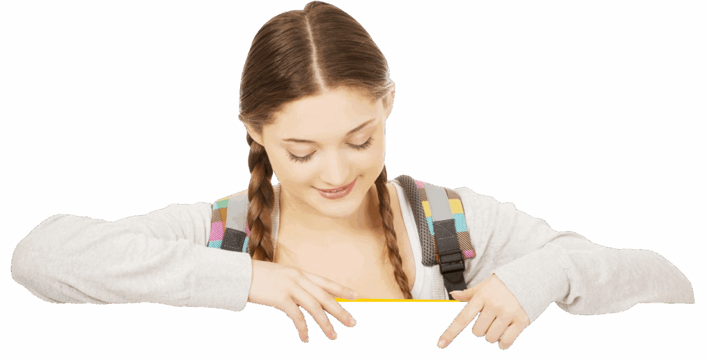 Focused young student with backpack smiling and pointing at the Study Buddy website, an educational platform for students to improve learning and study skills in the UK.