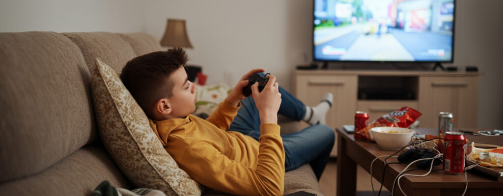 An image of a teen playing video games, lounging about. Not studying.
